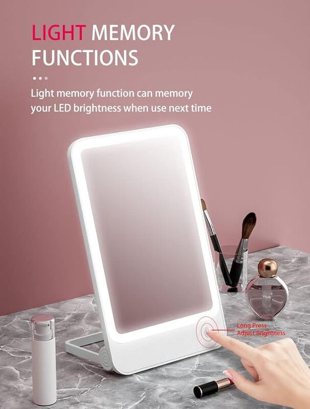 مرآة مكياج بوميدي R1، مرآة بإضاءة LED، 3 مستويات سطوع، ضوء ناعم، مرآة قابلة للشحن، شحن USB باللون الأبيض